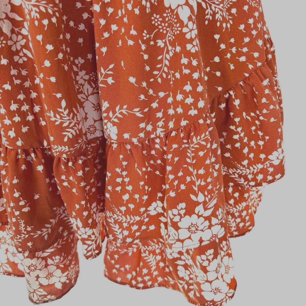 Rust Floral One Shoulder Ruffle Mini Dress Sz S Boho Romantic Cottagecore - Picture 5 of 13